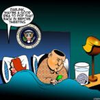 Trum in bed tweeting cartoon