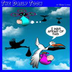 Stork delivering baby cartoon