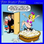 Girl jumps out of cake cartoon