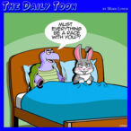 Tortoise and the hare in bed together, cartoon